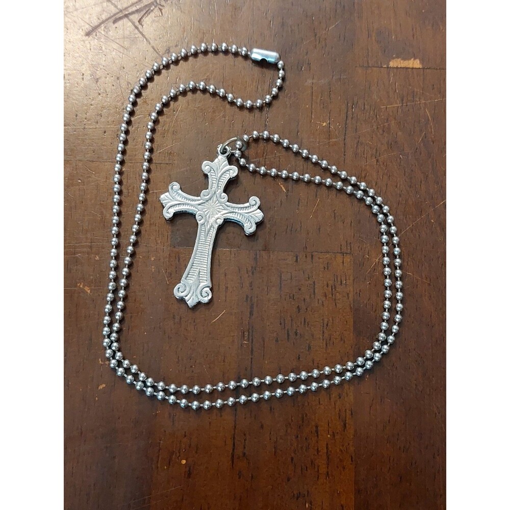 Ornate Style Scrolled Cross Pendant Silver Tone Necklace